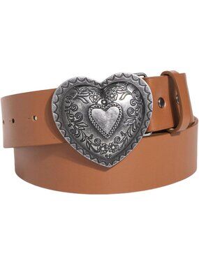 Women Brown With Heart-shaped Buckle Western Strap Vintage Leather Belt Cowgirl